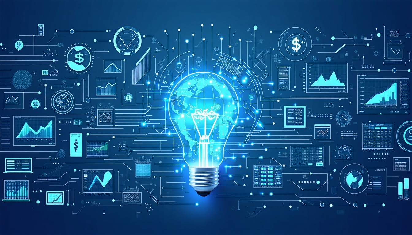 A dynamic graphic showing data flow and financial
